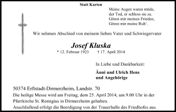 Anzeige von Josef Kluska von Kölner Stadt-Anzeiger / Kölnische Rundschau / Express