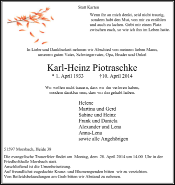 Anzeige von Karl-Heinz Piotraschke von Kölner Stadt-Anzeiger / Kölnische Rundschau / Express