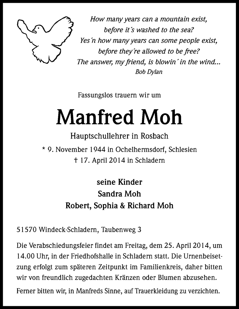  Traueranzeige für Manfred Moh vom 23.04.2014 aus Kölner Stadt-Anzeiger / Kölnische Rundschau / Express