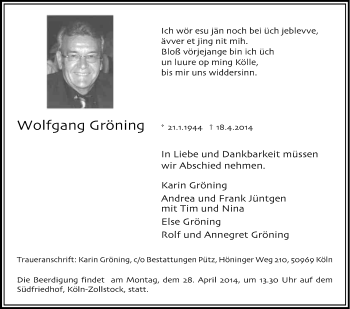 Anzeige von Wolfgang Gröning von Kölner Stadt-Anzeiger / Kölnische Rundschau / Express
