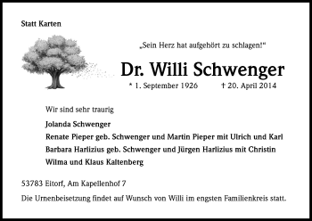 Anzeige von Willi Schwenger von Kölner Stadt-Anzeiger / Kölnische Rundschau / Express