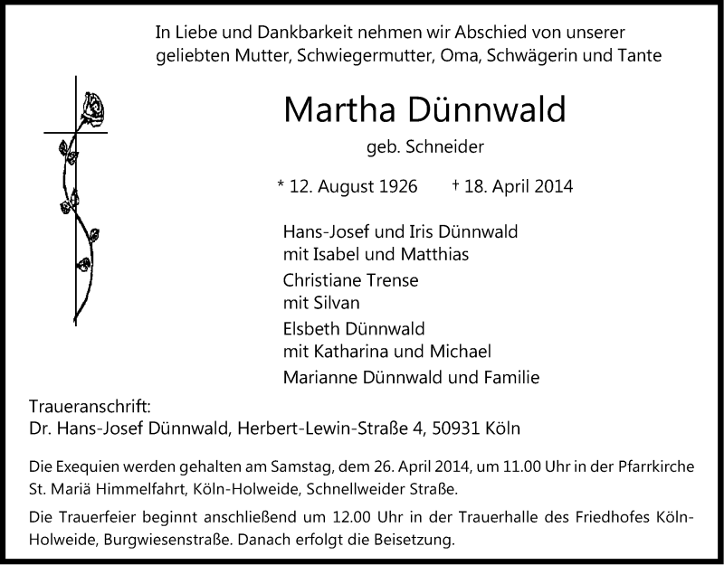  Traueranzeige für Martha Dünnwald vom 24.04.2014 aus Kölner Stadt-Anzeiger / Kölnische Rundschau / Express