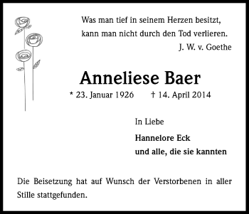 Anzeige von Anneliese Baer von Kölner Stadt-Anzeiger / Kölnische Rundschau / Express