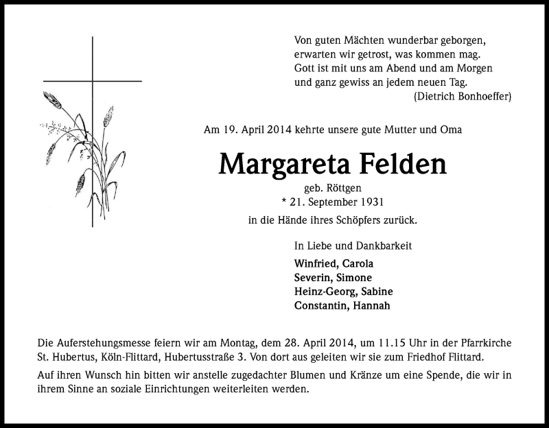  Traueranzeige für Margareta Felden vom 24.04.2014 aus Kölner Stadt-Anzeiger / Kölnische Rundschau / Express