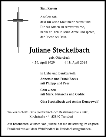 Anzeige von Juliane Steckelbach von Kölner Stadt-Anzeiger / Kölnische Rundschau / Express