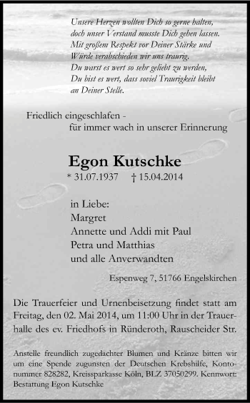Anzeige von Egon Kutschke von Kölner Stadt-Anzeiger / Kölnische Rundschau / Express