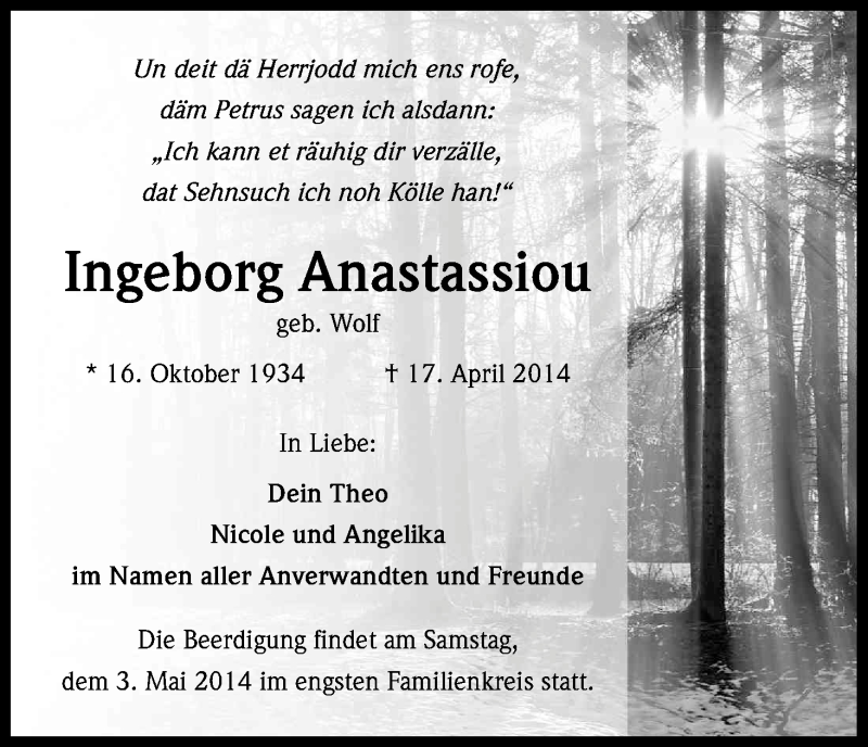  Traueranzeige für Ingeborg Anastassiou vom 26.04.2014 aus Kölner Stadt-Anzeiger / Kölnische Rundschau / Express