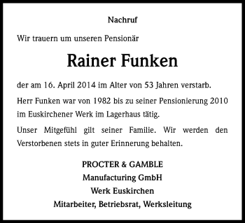 Anzeige von Rainer Funken von Kölner Stadt-Anzeiger / Kölnische Rundschau / Express