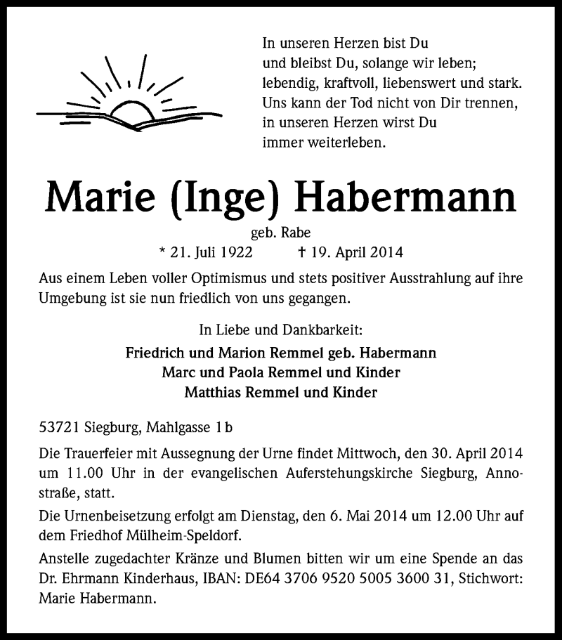  Traueranzeige für Marie Habermann vom 26.04.2014 aus Kölner Stadt-Anzeiger / Kölnische Rundschau / Express