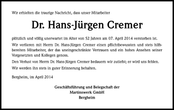 Anzeige von Hans-Jürgen Cremer von Kölner Stadt-Anzeiger / Kölnische Rundschau / Express