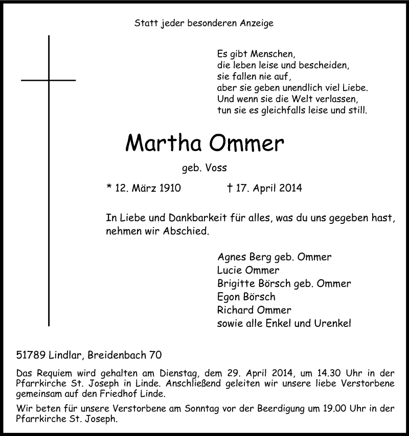  Traueranzeige für Martha Ommer vom 24.04.2014 aus Kölner Stadt-Anzeiger / Kölnische Rundschau / Express