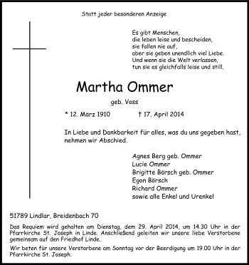 Anzeige von Martha Ommer von Kölner Stadt-Anzeiger / Kölnische Rundschau / Express