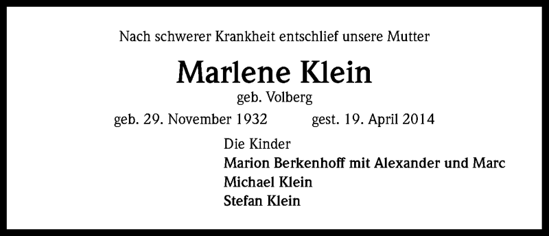  Traueranzeige für Marlene Klein vom 25.04.2014 aus Kölner Stadt-Anzeiger / Kölnische Rundschau / Express