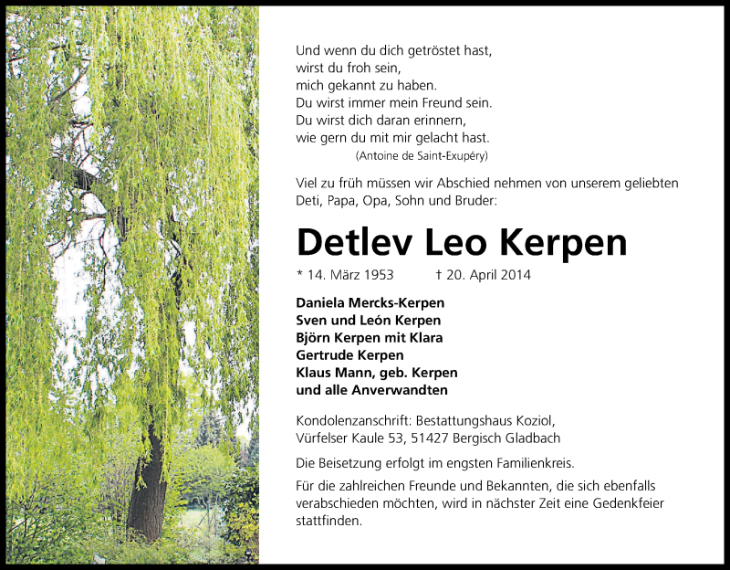  Traueranzeige für Detlev Leo Kerpen vom 24.04.2014 aus Kölner Stadt-Anzeiger / Kölnische Rundschau / Express