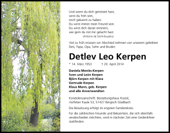 Anzeige von Detlev Leo Kerpen von Kölner Stadt-Anzeiger / Kölnische Rundschau / Express