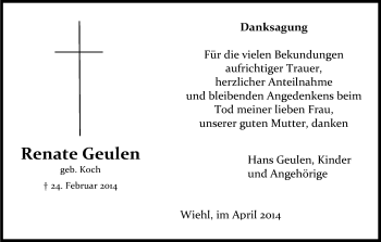 Anzeige von Renate Geulen von Kölner Stadt-Anzeiger / Kölnische Rundschau / Express