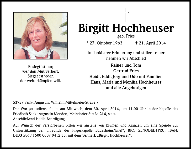  Traueranzeige für Birgitt Hochheuser vom 24.04.2014 aus Kölner Stadt-Anzeiger / Kölnische Rundschau / Express