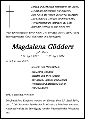 Anzeige von Magdalena Gödderz von Kölner Stadt-Anzeiger / Kölnische Rundschau / Express