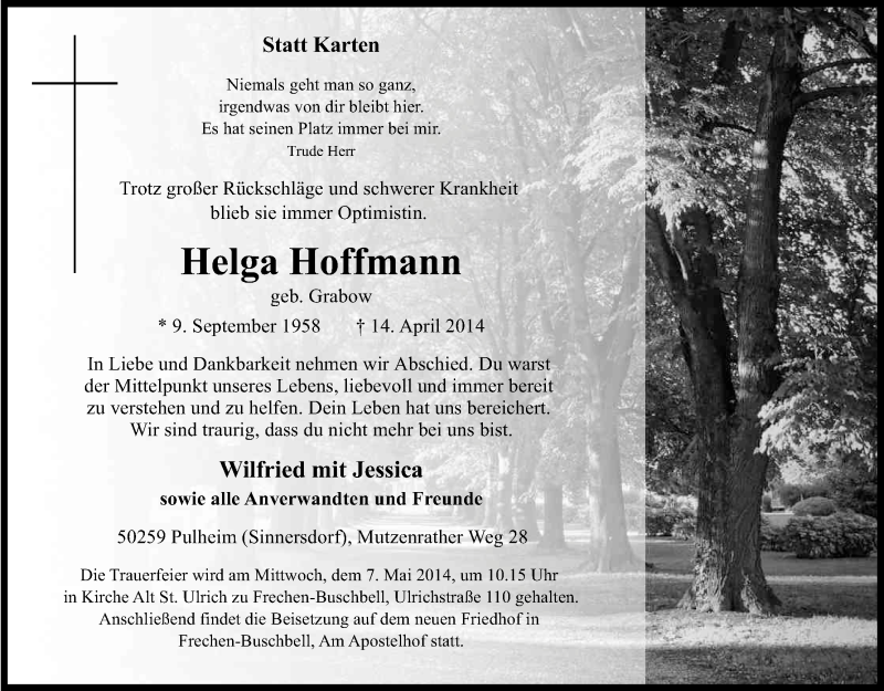  Traueranzeige für Helga Hoffmann vom 26.04.2014 aus Kölner Stadt-Anzeiger / Kölnische Rundschau / Express