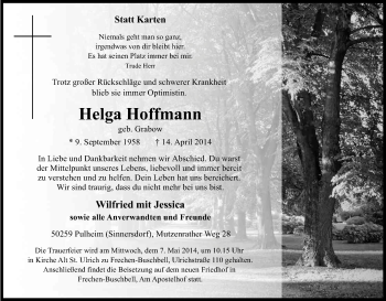 Anzeige von Helga Hoffmann von Kölner Stadt-Anzeiger / Kölnische Rundschau / Express