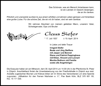 Anzeige von Claus Siefer von Kölner Stadt-Anzeiger / Kölnische Rundschau / Express