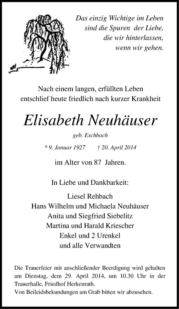  Traueranzeige für Elisabeth Neuhäuser vom 24.04.2014 aus Kölner Stadt-Anzeiger / Kölnische Rundschau / Express