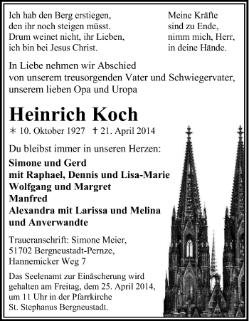 Anzeige von Heinrich Koch von Kölner Stadt-Anzeiger / Kölnische Rundschau / Express