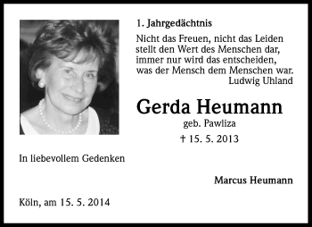 Anzeige von Gerda Heumann von Kölner Stadt-Anzeiger / Kölnische Rundschau / Express