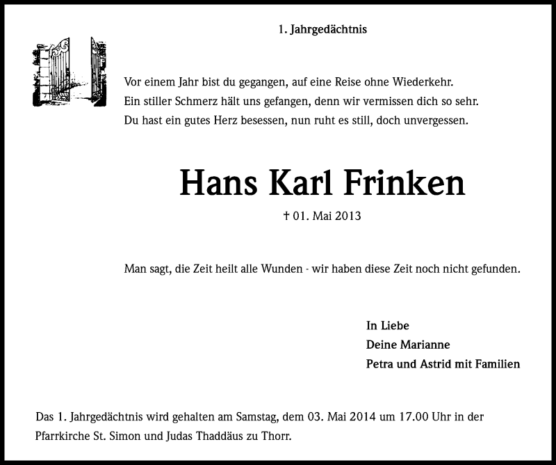  Traueranzeige für Hans Karl Frinken vom 03.05.2014 aus Kölner Stadt-Anzeiger / Kölnische Rundschau / Express