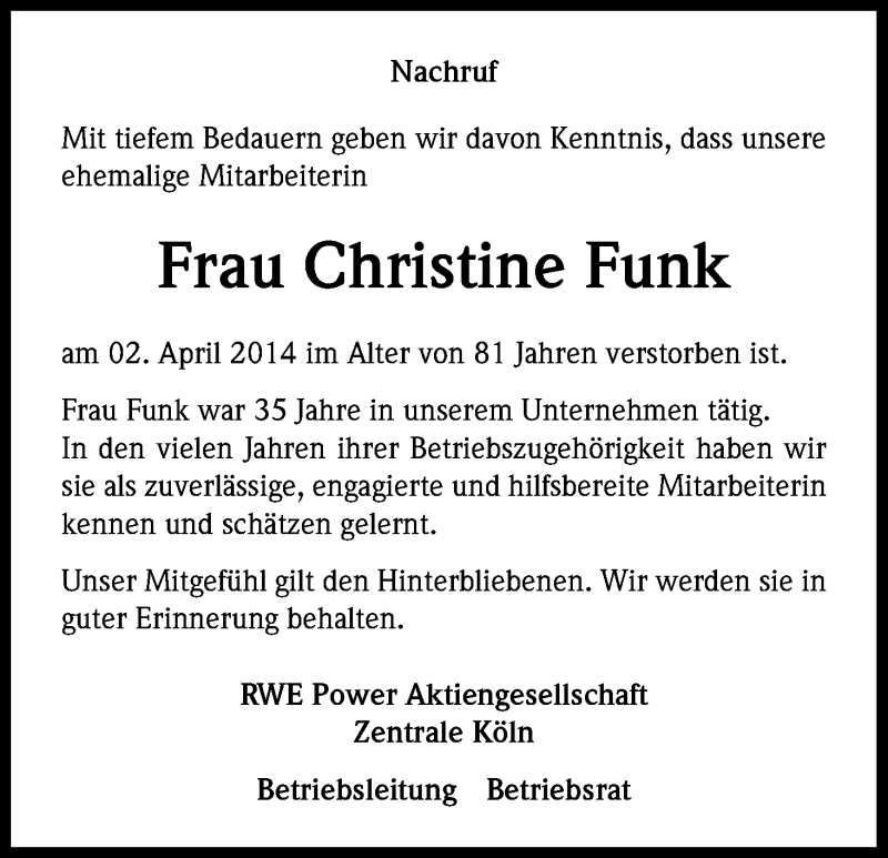 Traueranzeige für Christine Funk vom 25.04.2014 aus Kölner Stadt-Anzeiger / Kölnische Rundschau / Express