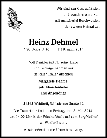 Anzeige von Heinz Dehmel von Kölner Stadt-Anzeiger / Kölnische Rundschau / Express