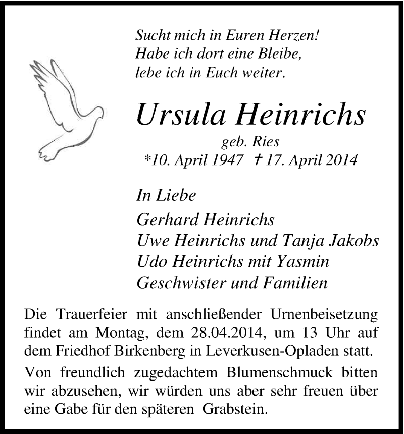 Traueranzeige für Ursula Heinrichs vom 26.04.2014 aus Kölner Stadt-Anzeiger / Kölnische Rundschau / Express