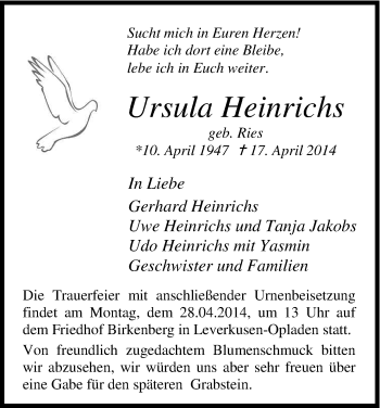 Anzeige von Ursula Heinrichs von Kölner Stadt-Anzeiger / Kölnische Rundschau / Express
