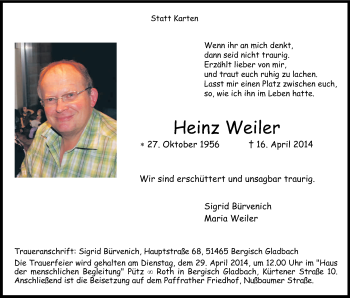 Anzeige von Heinz Weiler von Kölner Stadt-Anzeiger / Kölnische Rundschau / Express
