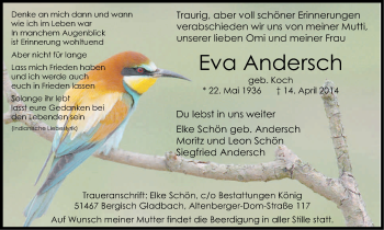 Anzeige von Eva Andersch von Kölner Stadt-Anzeiger / Kölnische Rundschau / Express