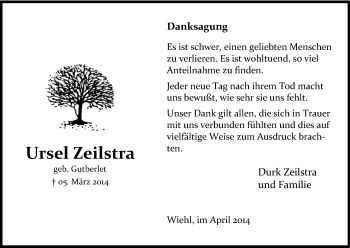 Anzeige von Ursel Zeilstra von Kölner Stadt-Anzeiger / Kölnische Rundschau / Express