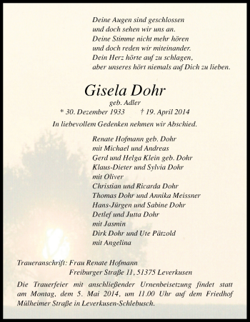 Anzeige von Gisela Dohr von Kölner Stadt-Anzeiger / Kölnische Rundschau / Express