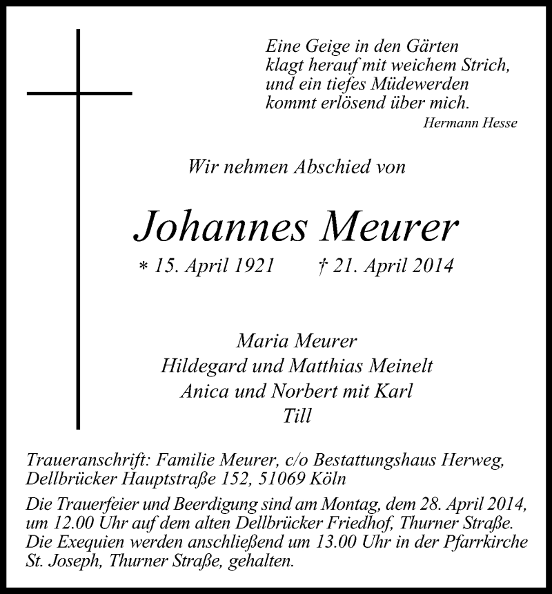  Traueranzeige für Johannes Meurer vom 26.04.2014 aus Kölner Stadt-Anzeiger / Kölnische Rundschau / Express