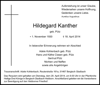 Anzeige von Hildegard Kanther von Kölner Stadt-Anzeiger / Kölnische Rundschau / Express