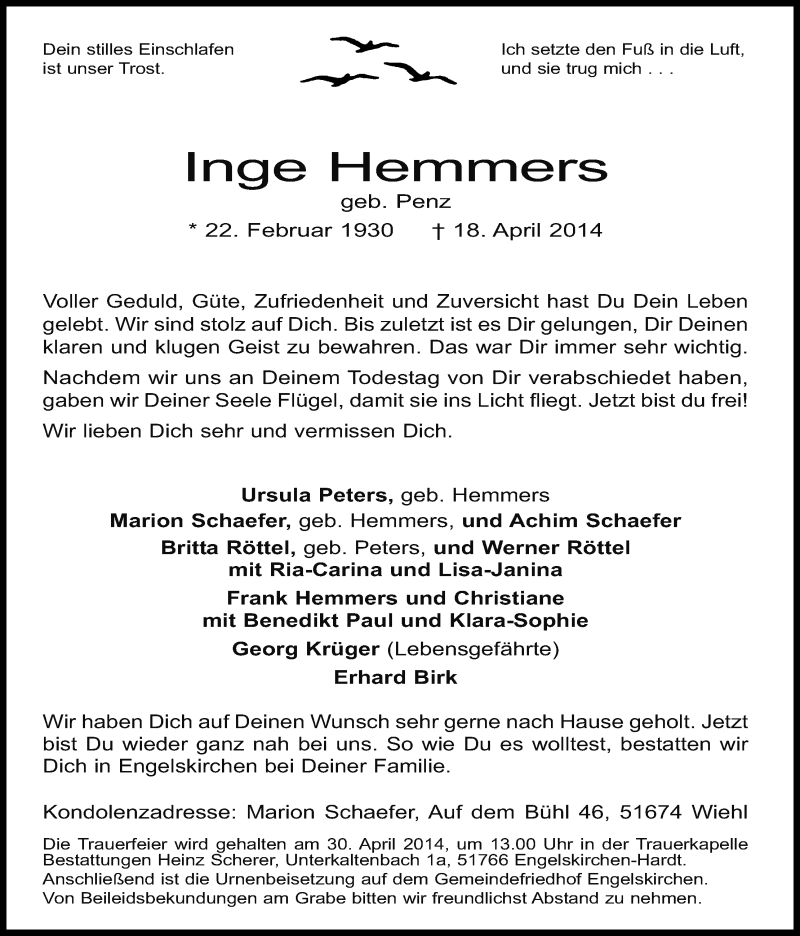  Traueranzeige für Inge Hemmers vom 26.04.2014 aus Kölner Stadt-Anzeiger / Kölnische Rundschau / Express