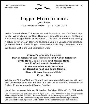 Anzeige von Inge Hemmers von Kölner Stadt-Anzeiger / Kölnische Rundschau / Express