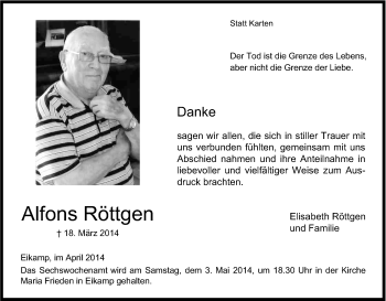 Anzeige von Alfons Röttgen von Kölner Stadt-Anzeiger / Kölnische Rundschau / Express