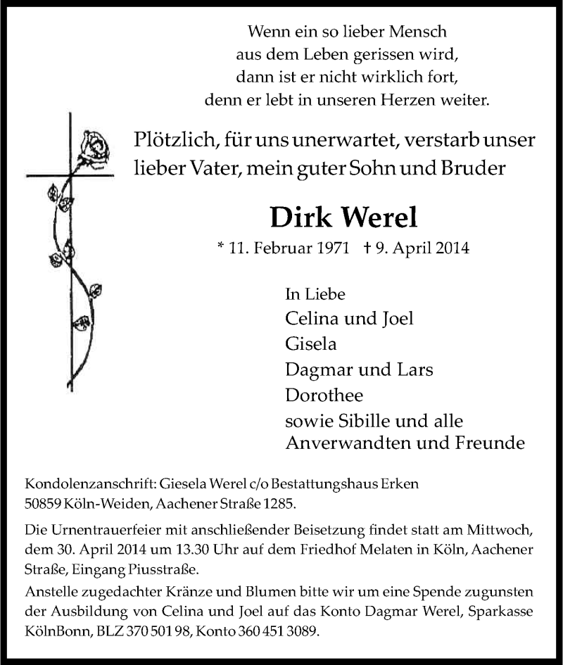  Traueranzeige für Dirk Werel vom 26.04.2014 aus Kölner Stadt-Anzeiger / Kölnische Rundschau / Express