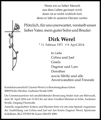 Anzeige von Dirk Werel von Kölner Stadt-Anzeiger / Kölnische Rundschau / Express