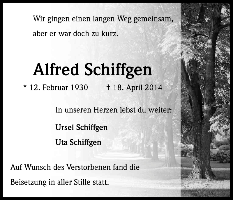  Traueranzeige für Alfred Schiffgen vom 26.04.2014 aus Kölner Stadt-Anzeiger / Kölnische Rundschau / Express