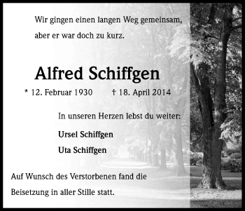 Anzeige von Alfred Schiffgen von Kölner Stadt-Anzeiger / Kölnische Rundschau / Express