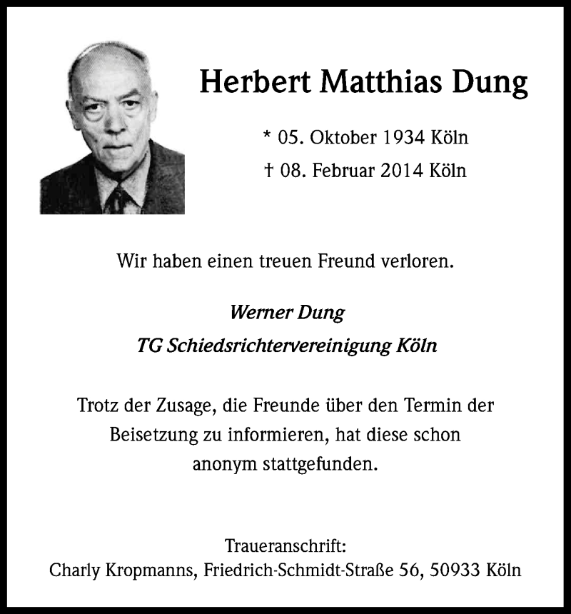  Traueranzeige für Herbert Matthias Dung vom 26.04.2014 aus Kölner Stadt-Anzeiger / Kölnische Rundschau / Express