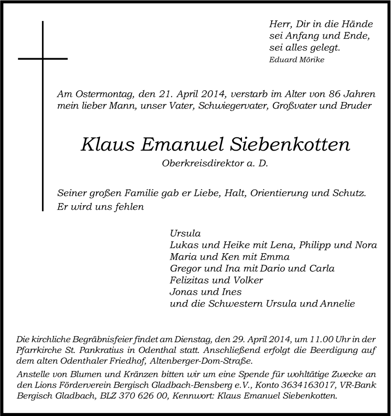  Traueranzeige für Klaus Emanuel Siebenkotten vom 26.04.2014 aus Kölner Stadt-Anzeiger / Kölnische Rundschau / Express