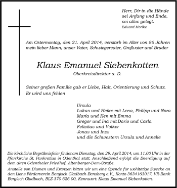 Anzeige von Klaus Emanuel Siebenkotten von Kölner Stadt-Anzeiger / Kölnische Rundschau / Express