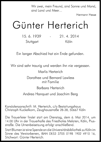 Anzeige von Günter Herterich von Kölner Stadt-Anzeiger / Kölnische Rundschau / Express